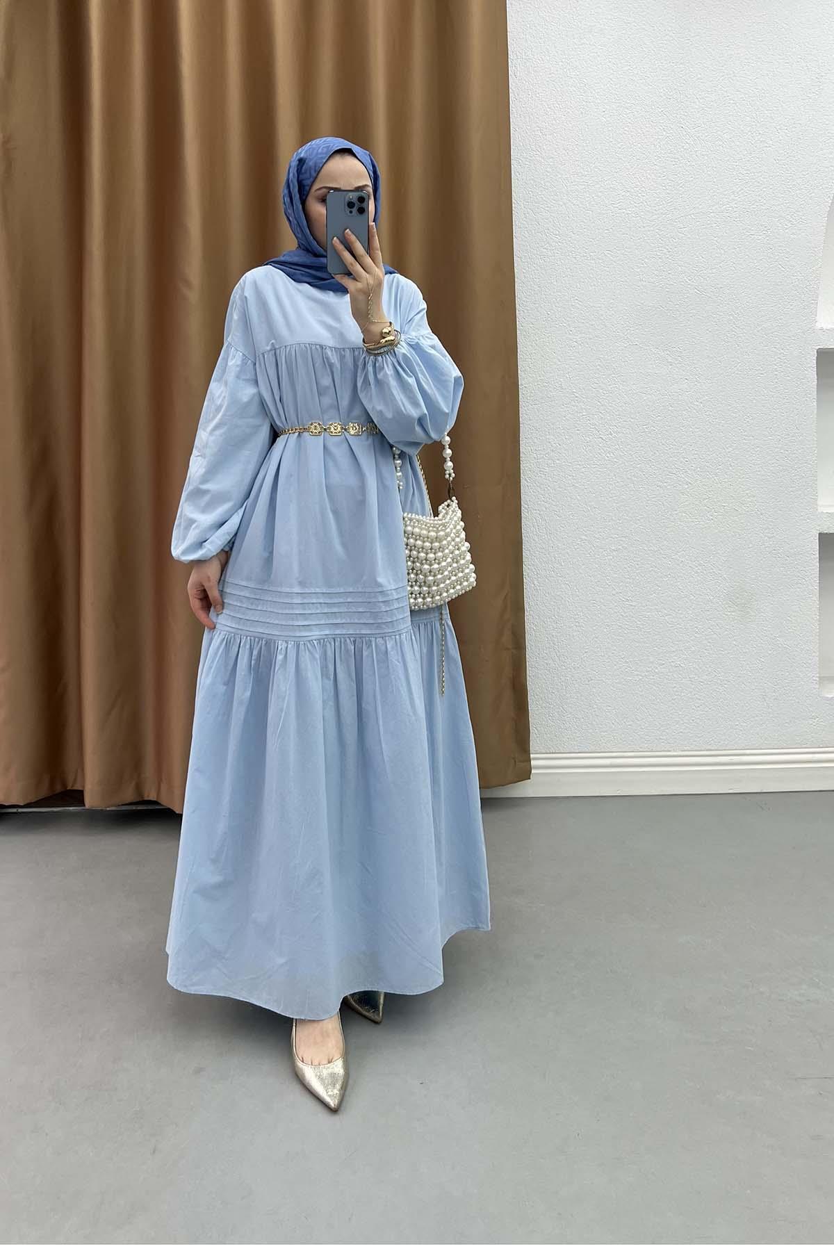Sare Fashion Bohemian Dress with Ruffled Waist and Belt, Baby Blue