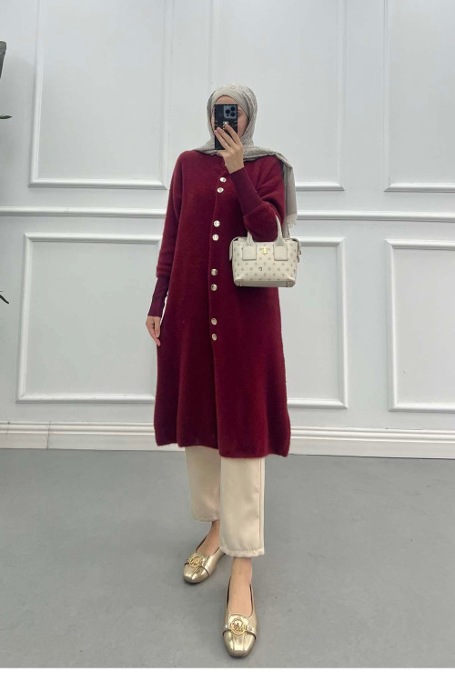 Sare Fashion Bearded Long Cardigan Burgundy