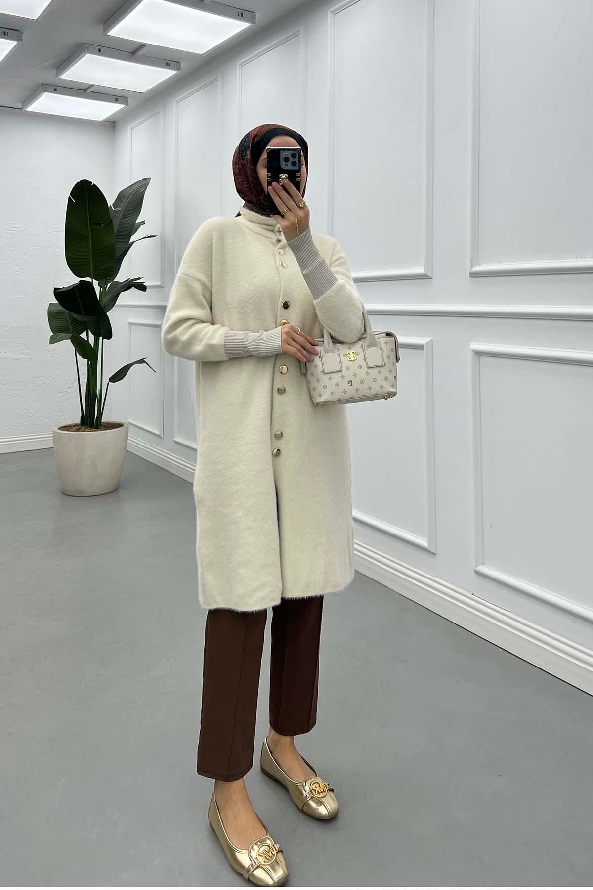 Sare Fashion Bearded Long Cardigan Ecru Sare Fashion Bearded Long Cardigan Ecru