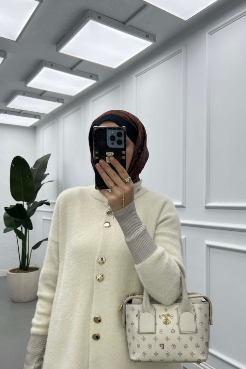 Sare Fashion Bearded Long Cardigan Ecru