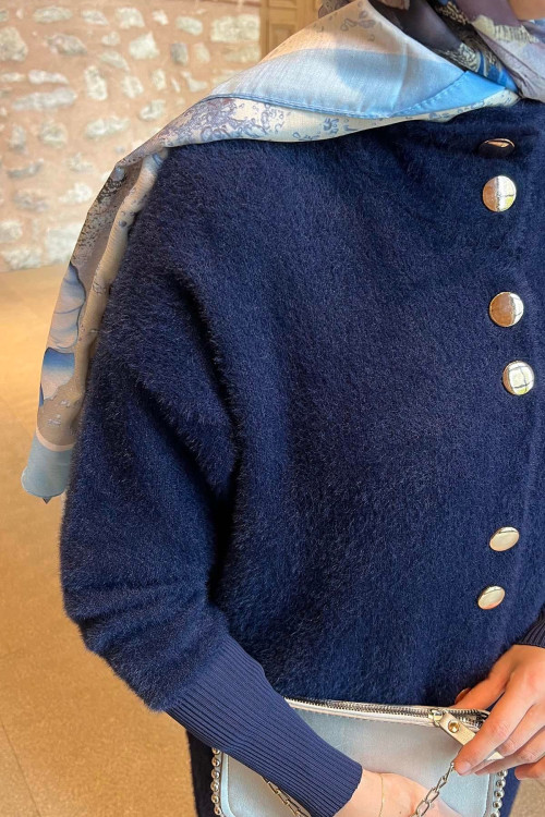 Sare Fashion Bearded Long Cardigan Navy Blue