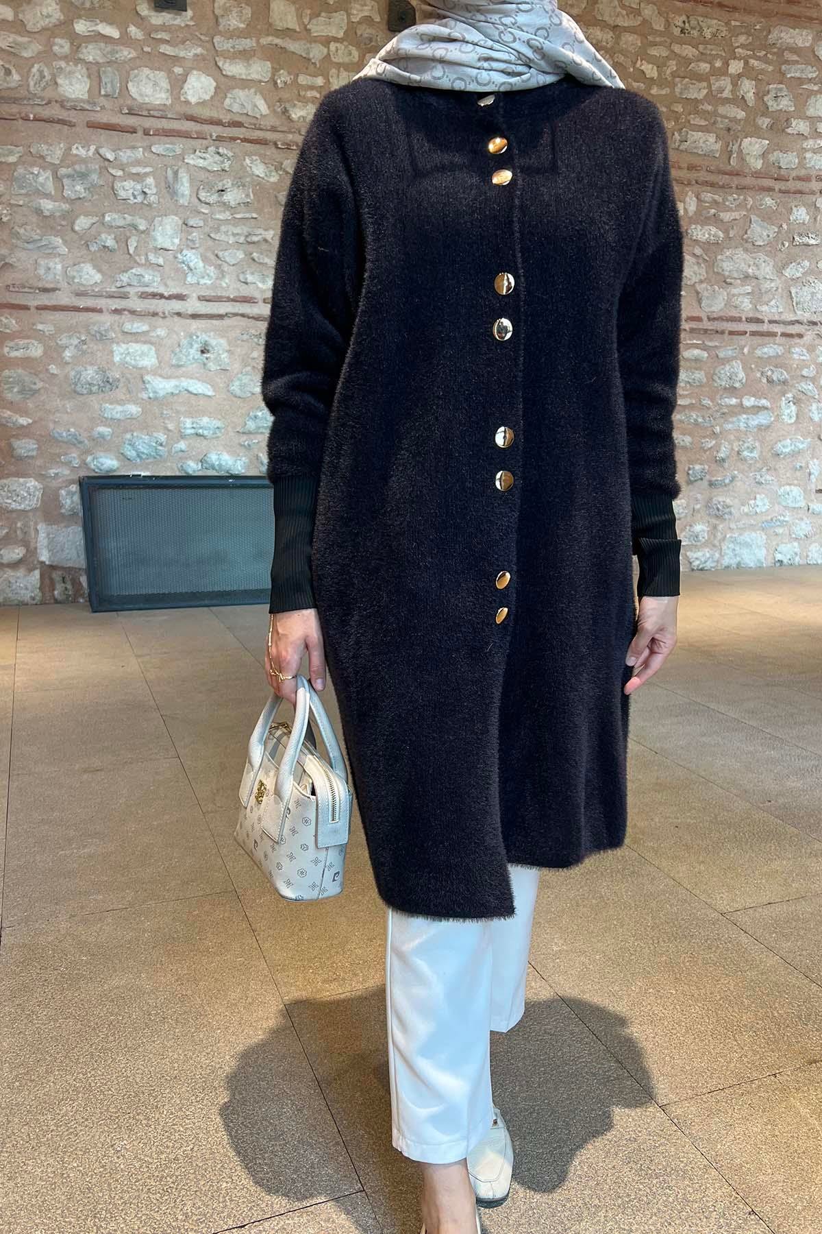 Sare Fashion Bearded Long Cardigan Black