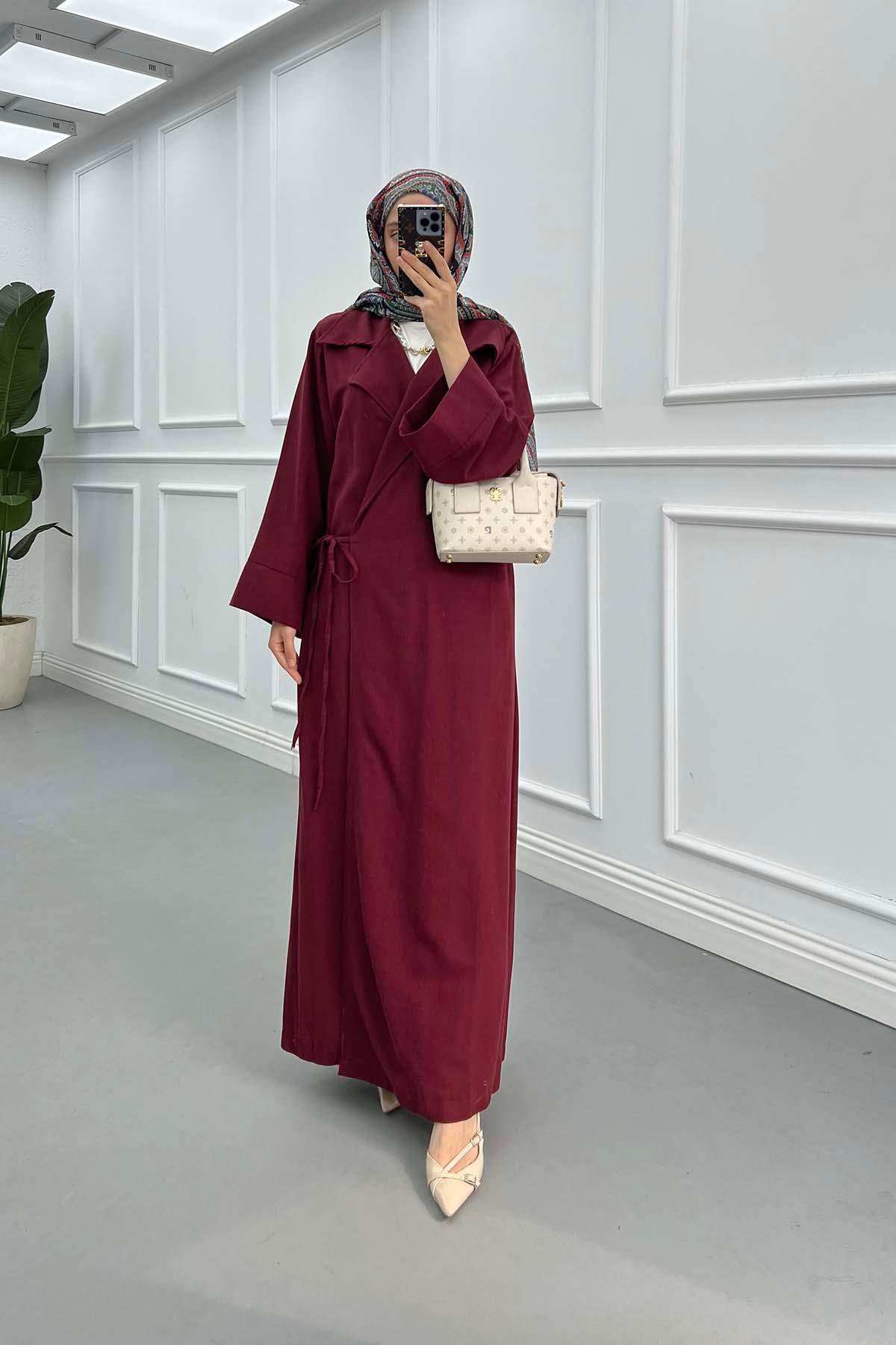 Sare Fashion Shawl Collar Laced Trench Coat Burgundy