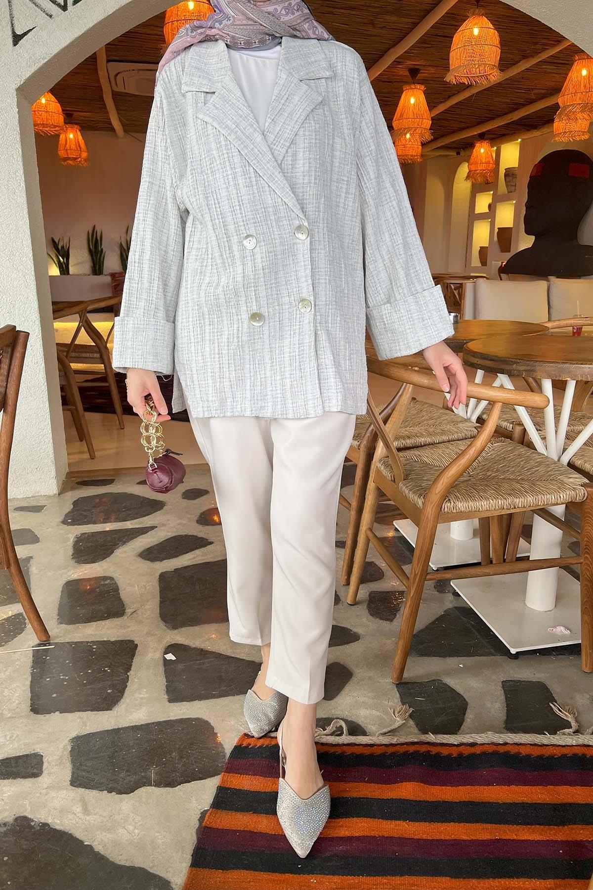 Sare Fashion Linen Jacket with Pearl Buttons Gray