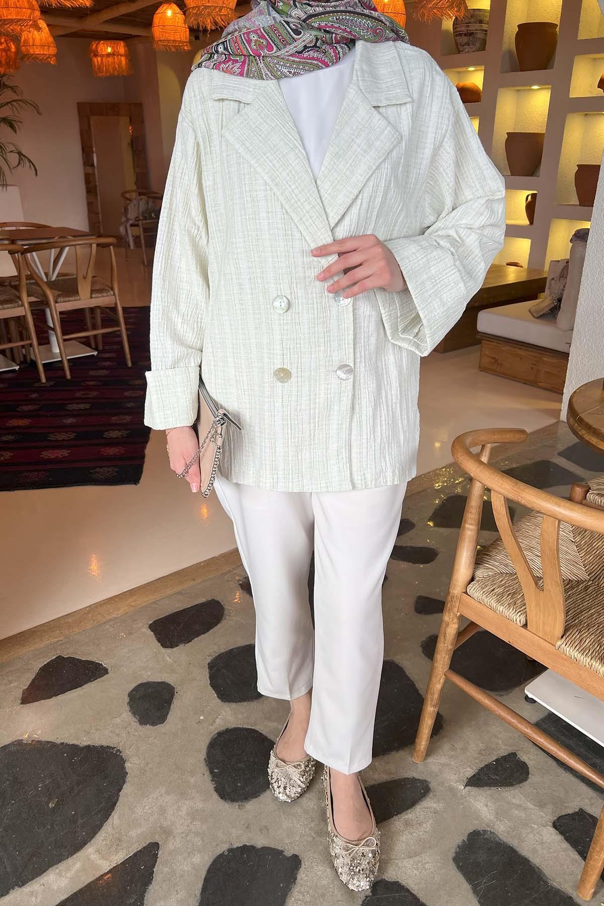 Sare Fashion Linen Jacket with Pearl Buttons Mint Green