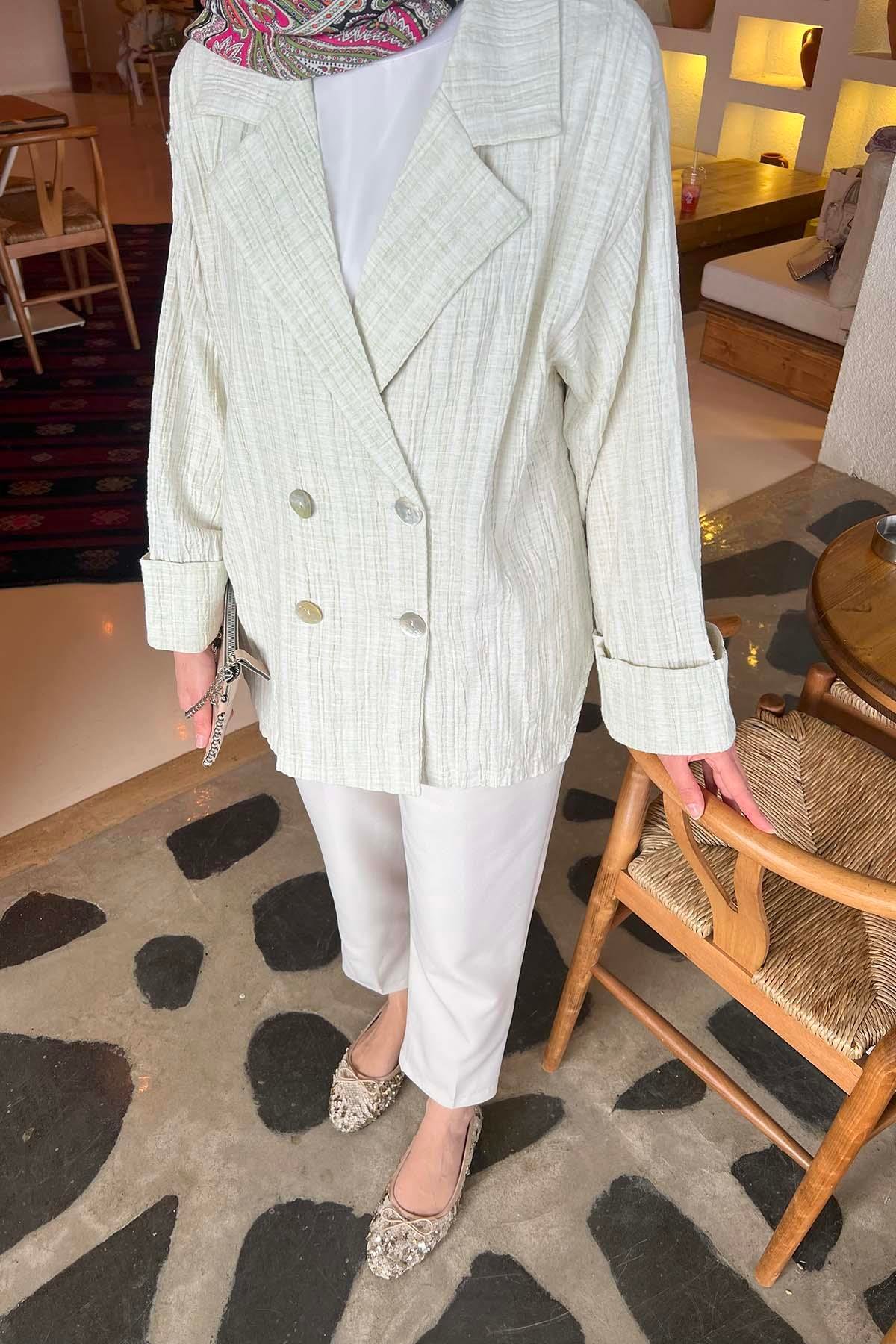 Sare Fashion Linen Jacket with Pearl Buttons Mint Green