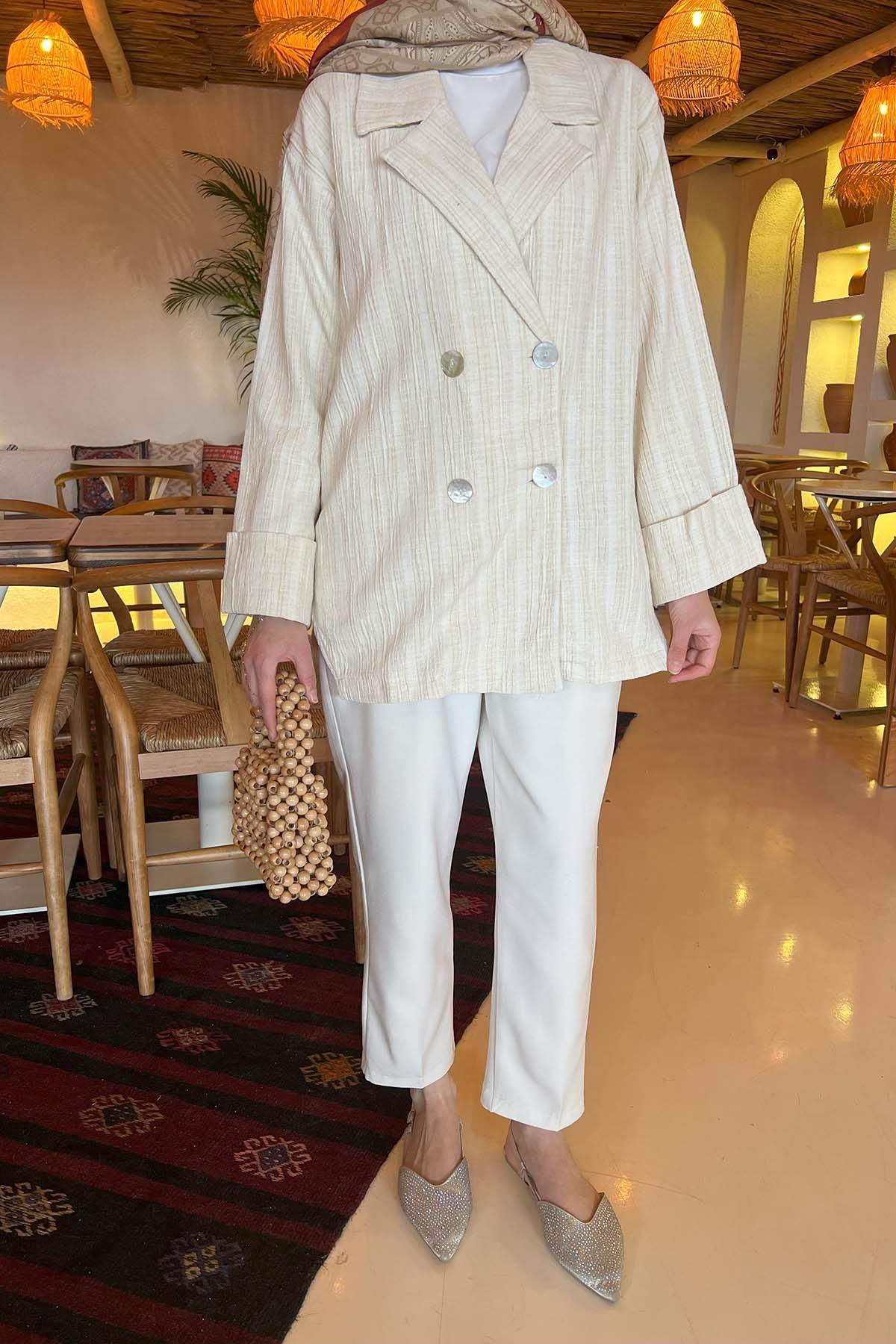 Sare Fashion Pearl Buttoned Linen Jacket Yellow