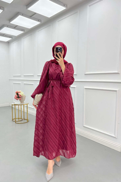 Sare Fashion Stripe Patterned Feathered Dress Burgundy