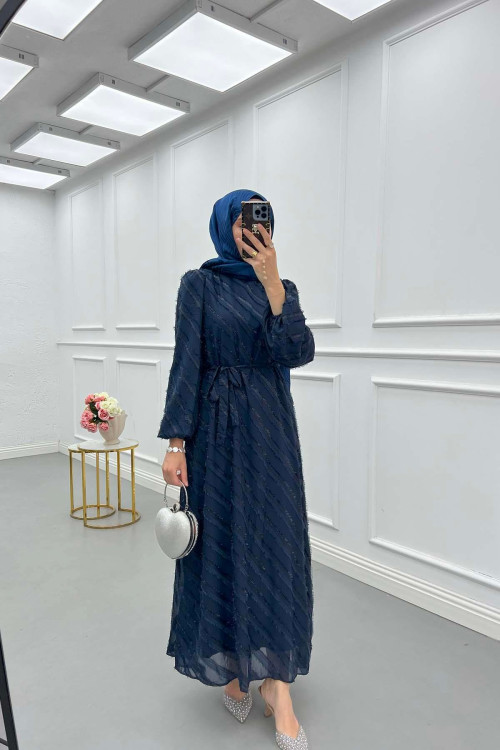 Sare Fashion Stripe Patterned Feather Dress Navy Blue