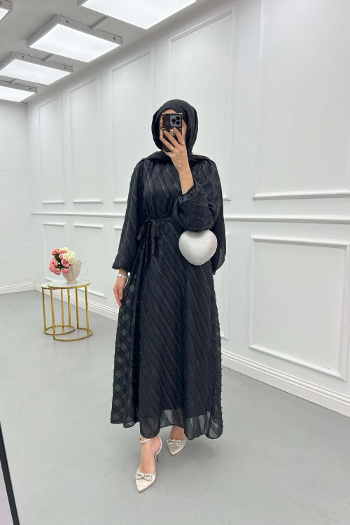 Sare Fashion Stripe Patterned Feather Dress Black