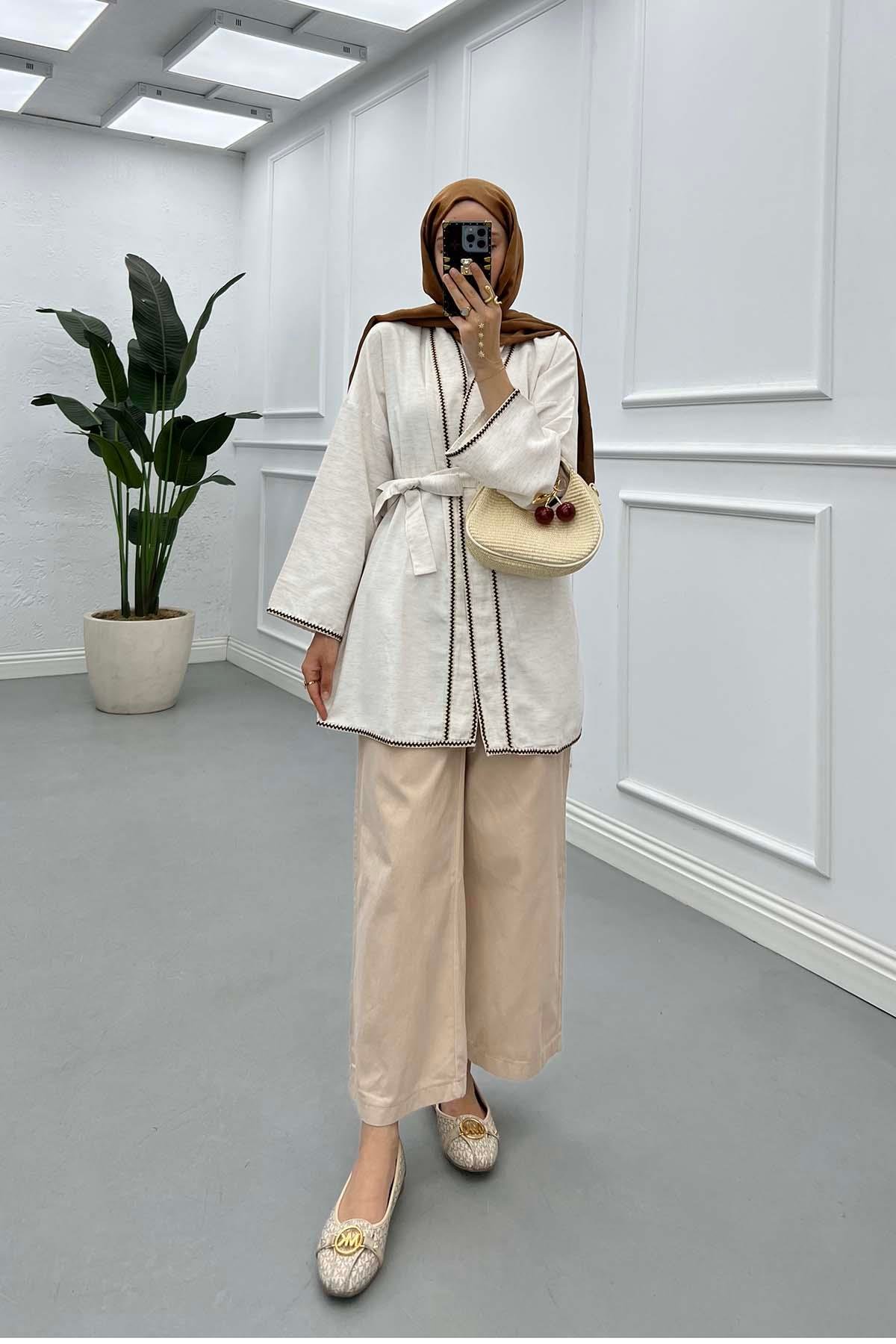 Sare Fashion Kimono Stone with Stripe Detail