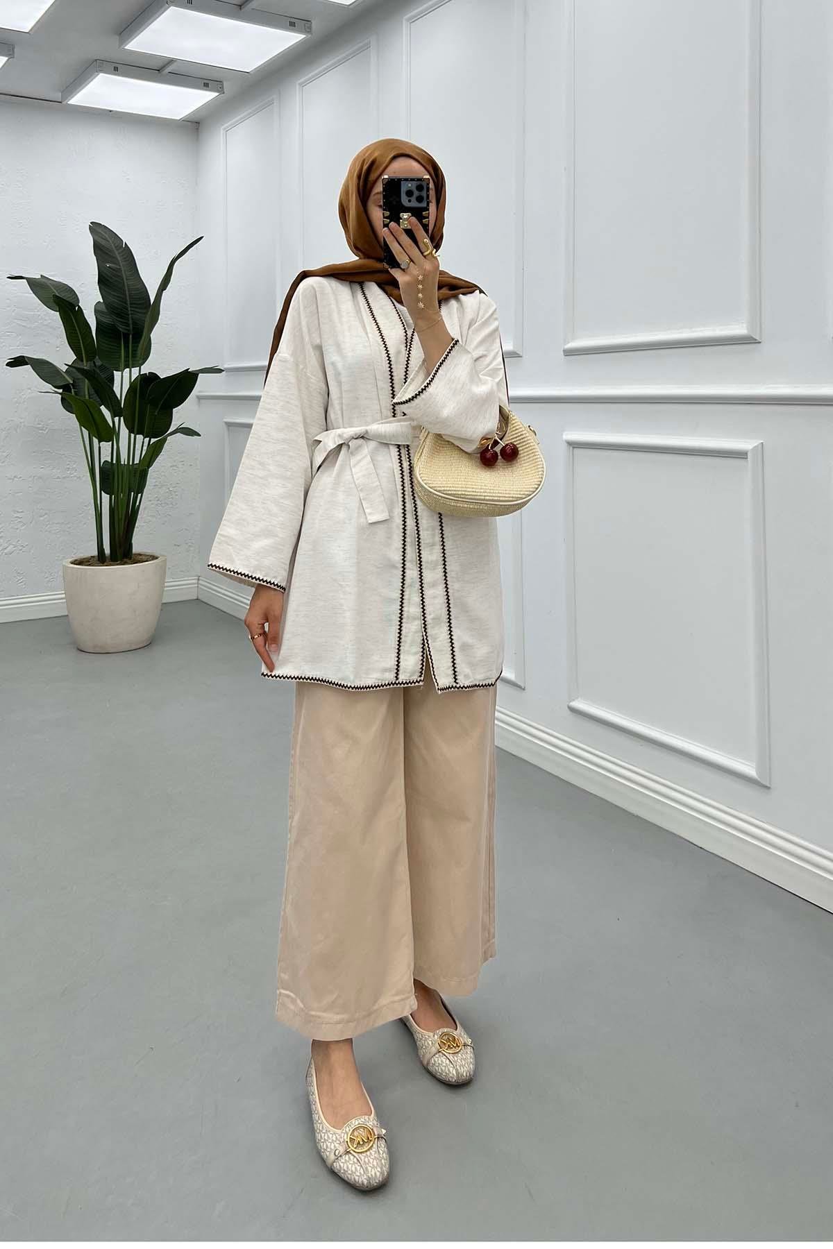 Sare Fashion Kimono Stone with Stripe Detail