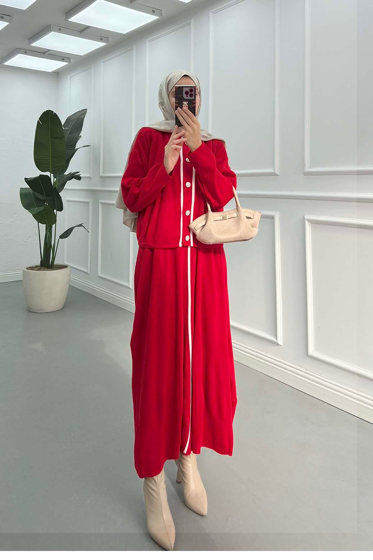 Sare Fashion Cardigan and Vest Set with Stripe and Button Details Red