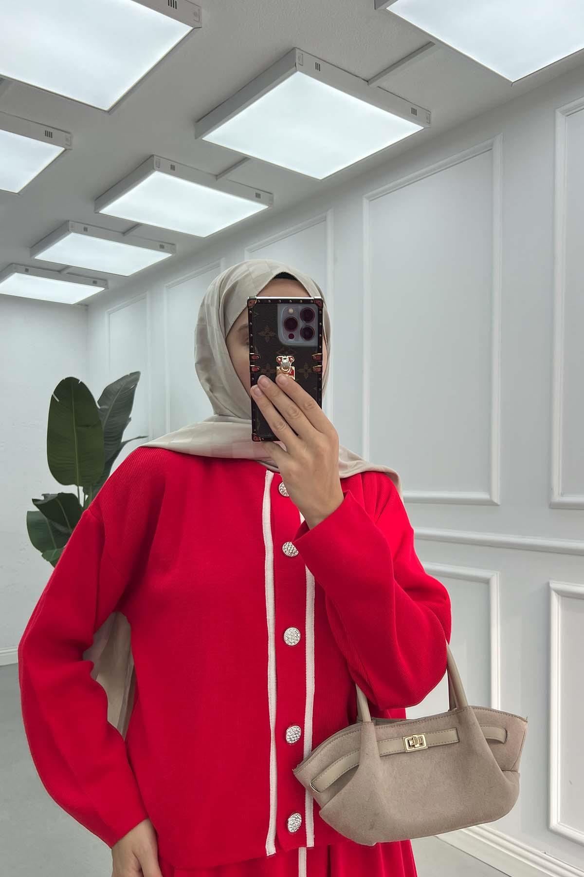 Sare Fashion Cardigan and Vest Set with Stripe and Button Details Red Sare Fashion Cardigan and Vest Set with Stripe and Button Details Red