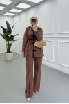 Sare Fashion Removable Belted Piping Two Piece Suit Brown
