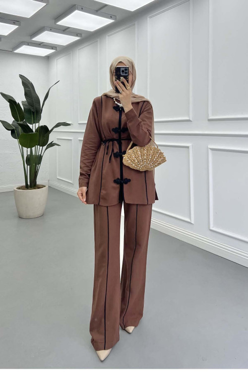 Sare Fashion Removable Belted Piping Two Piece Suit Brown