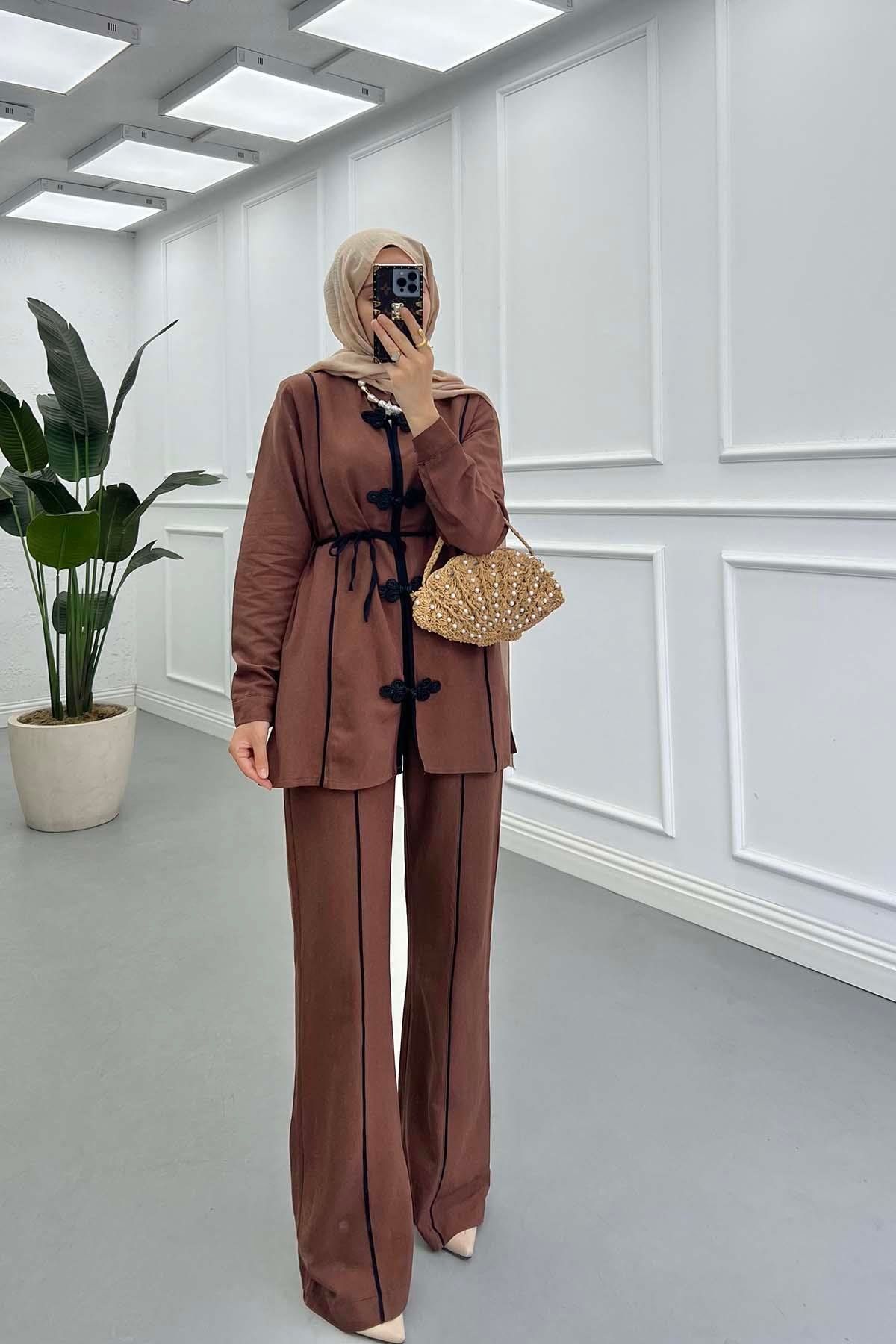 Sare Fashion Removable Belted Piping Two Piece Suit Brown