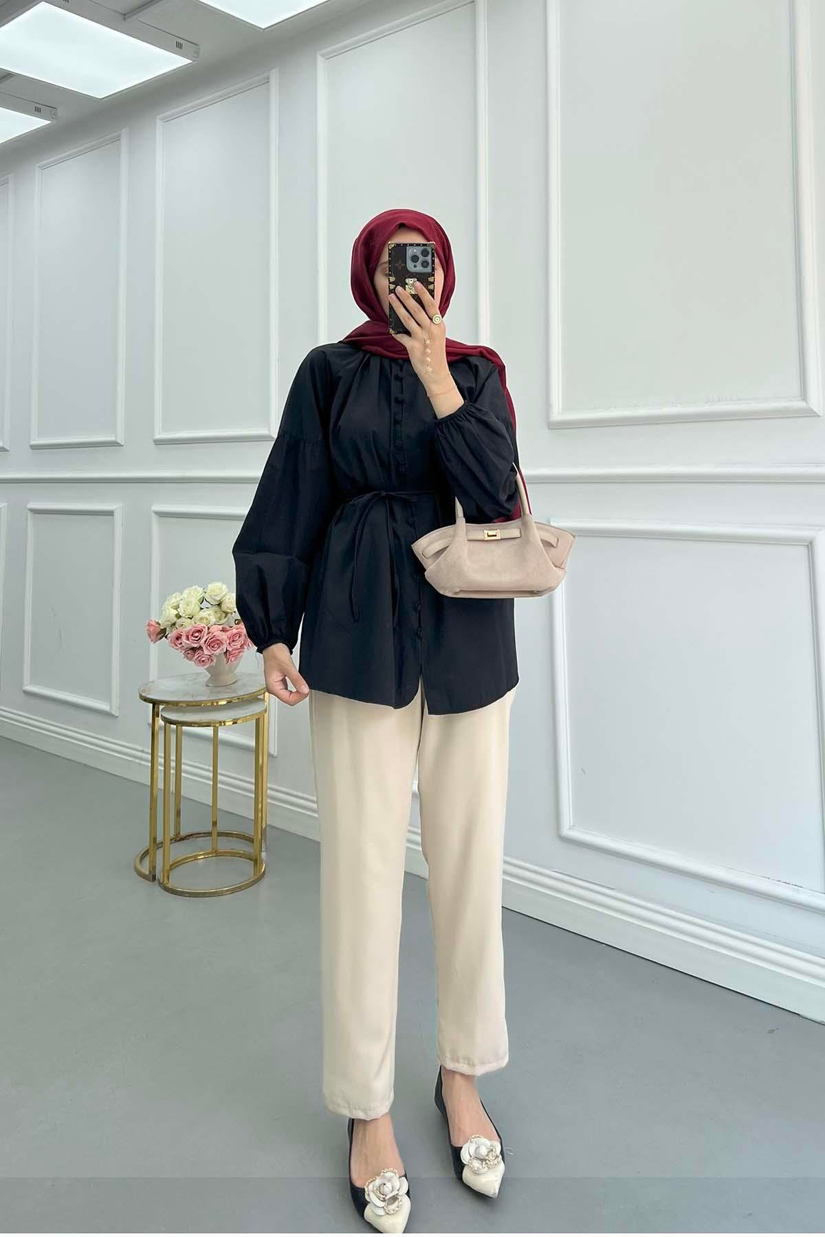 Sare Fashion Removable Belted Shirt Black