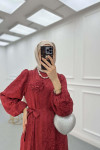 Sare Fashion Jacquard Dress with Removable Belt, Burgundy