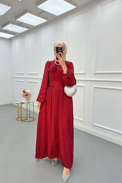 Sare Fashion Jacquard Dress with Removable Belt, Burgundy