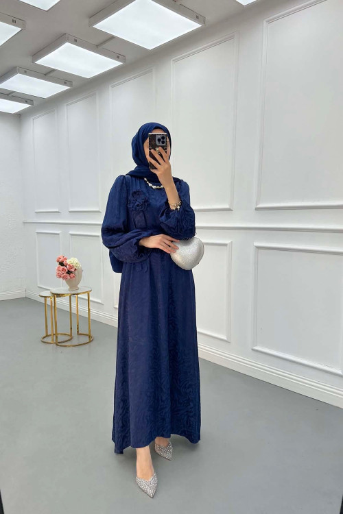 Sare Fashion Jacquard Dress with Removable Belt Navy Blue