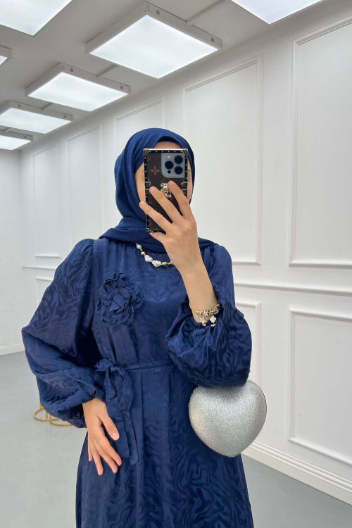 Sare Fashion Jacquard Dress with Removable Belt Navy Blue