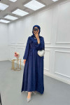 Sare Fashion Jacquard Dress with Removable Belt Navy Blue