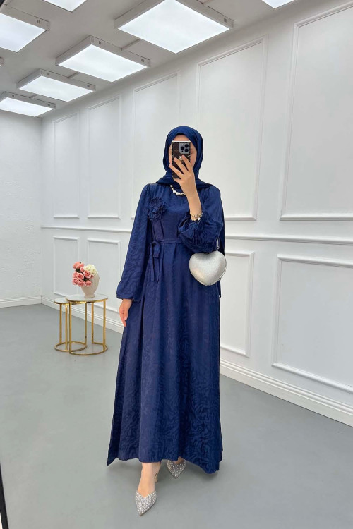 Sare Fashion Jacquard Dress with Removable Belt Navy Blue