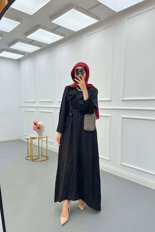 Sare Fashion Jacquard Dress with Removable Belt Black