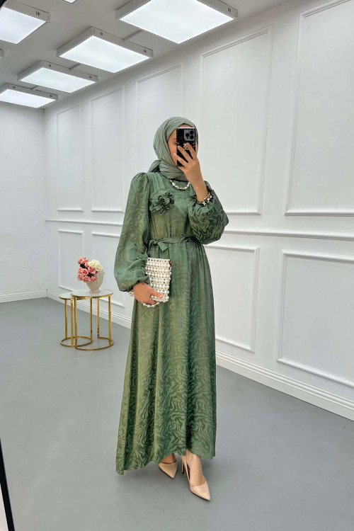 Sare Fashion Jacquard Dress with Removable Belt Green