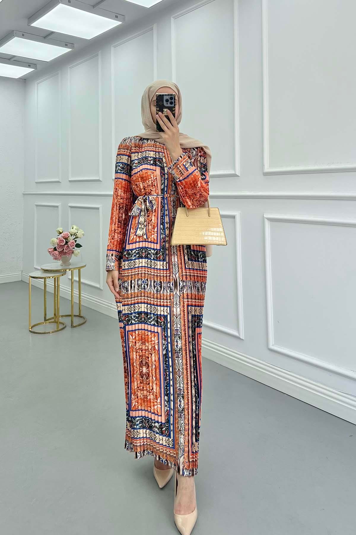Sare Fashion Pleated Dress with Removable Belt Multicolor
