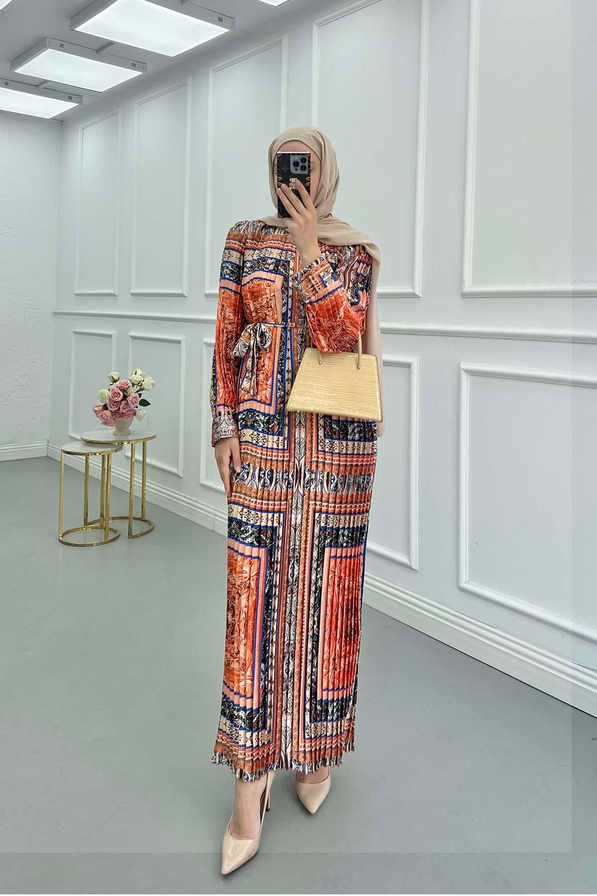 Sare Fashion Pleated Dress with Removable Belt Multicolor