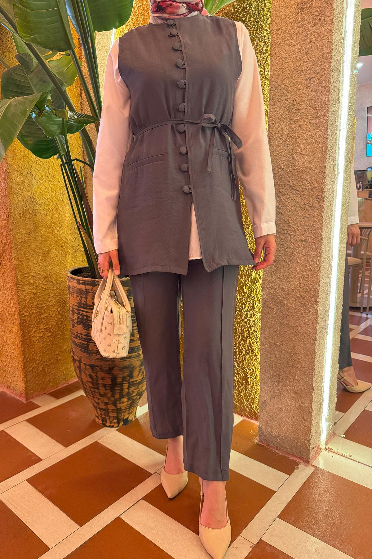 Sare Fashion Removable Belted Vest Set Anthracite