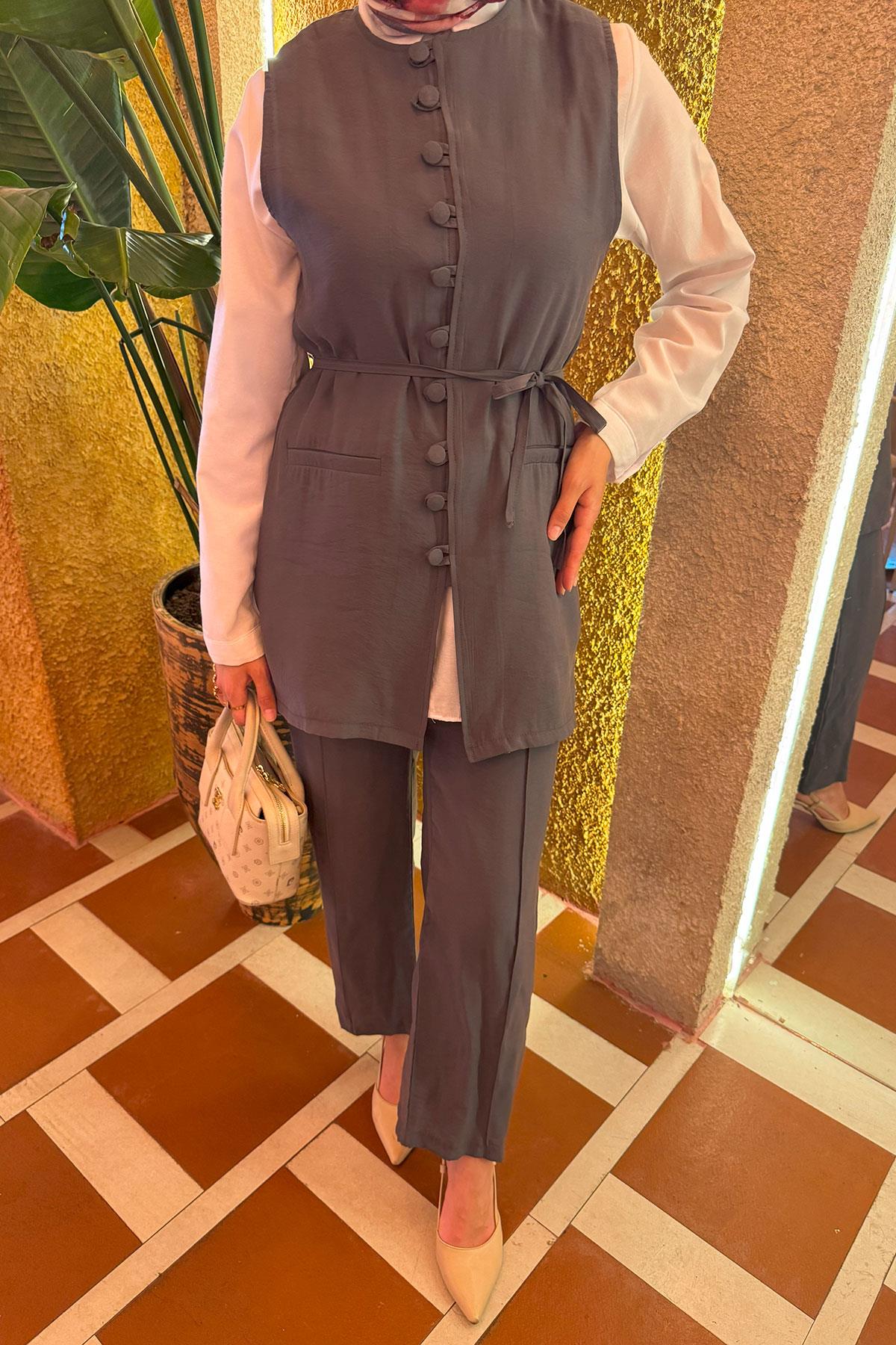 Sare Fashion Removable Belted Vest Set Anthracite