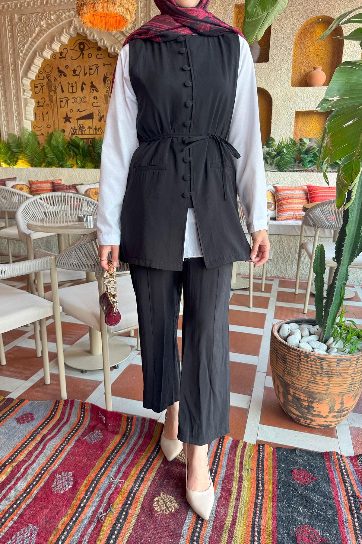 Sare Fashion Removable Belted Vest Set Black