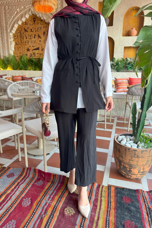 Sare Fashion Removable Belted Vest Set Black