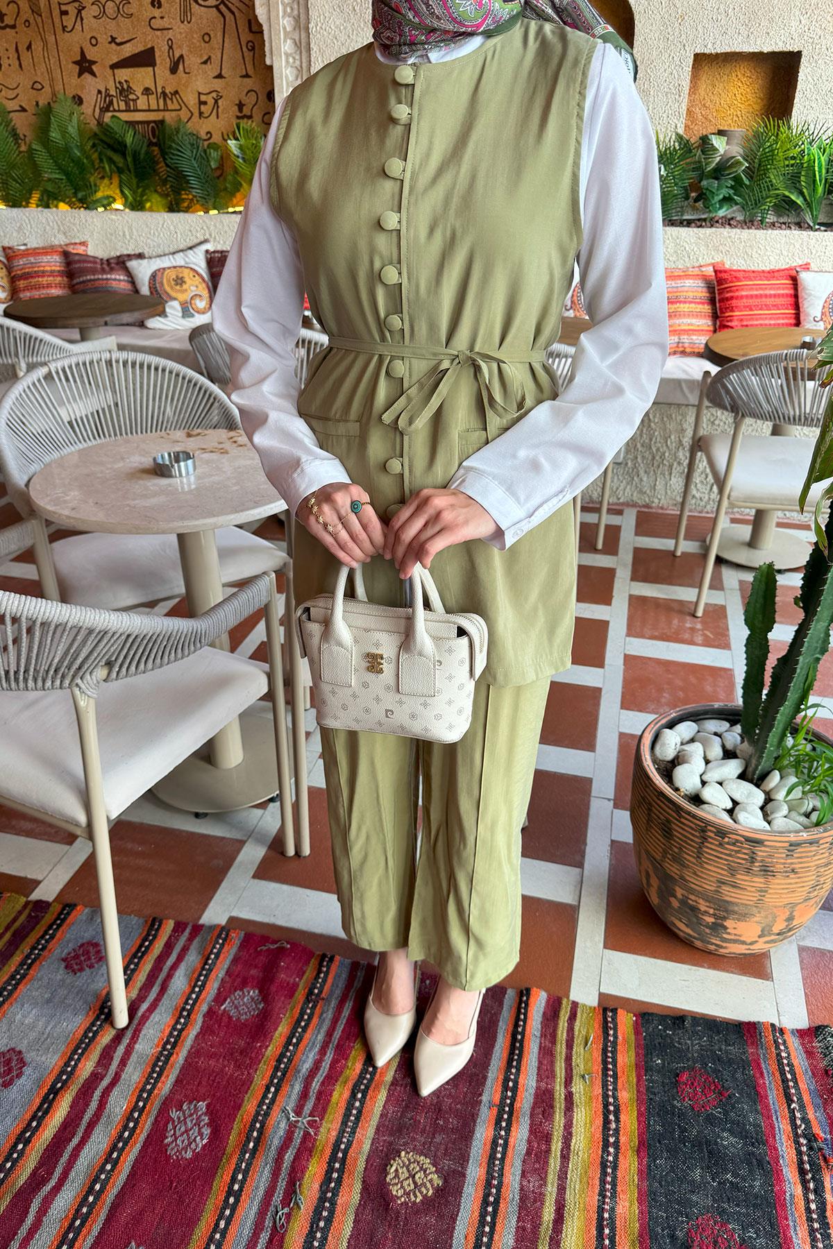 Sare Fashion Removable Belted Vest Set Green