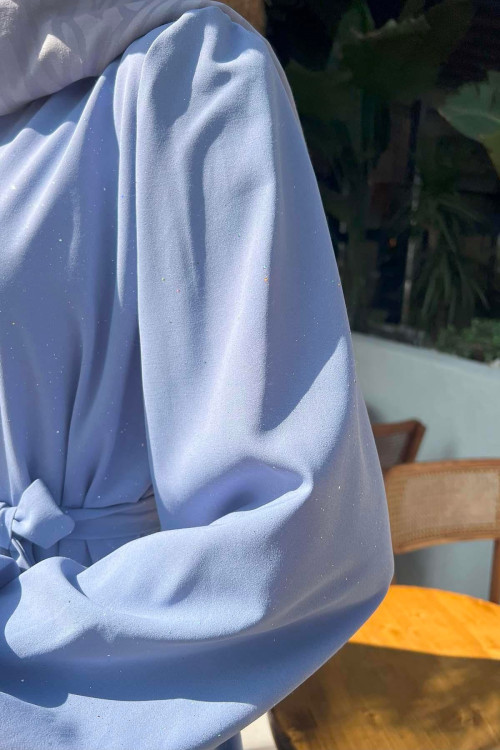 Sare Fashion Glittery Belted Buttoned Dress Baby Blue
