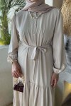 Sare Fashion Glittery Belted Buttoned Dress Beige