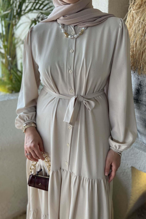 Sare Fashion Glittery Belted Buttoned Dress Beige