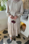 Sare Fashion Glittery Belted Buttoned Dress Beige