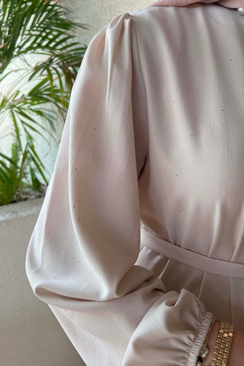 Sare Fashion Glittery Belted Buttoned Dress Beige