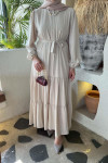 Sare Fashion Glittery Belted Buttoned Dress Beige
