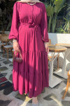 Sare Fashion Glitter Belted Buttoned Dress Burgundy