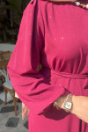 Sare Fashion Glitter Belted Buttoned Dress Burgundy