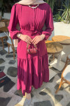 Sare Fashion Glitter Belted Buttoned Dress Burgundy