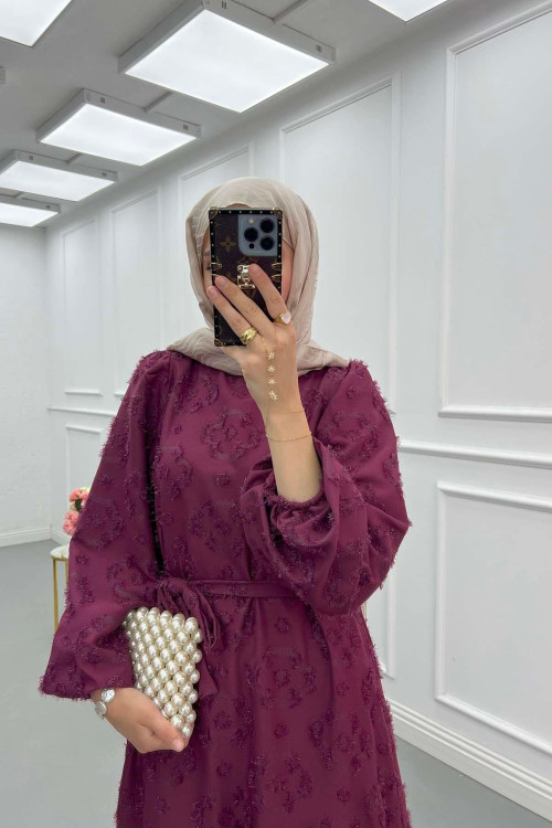 Sare Fashion Glittery Feather Detailed Belted Dress Burgundy