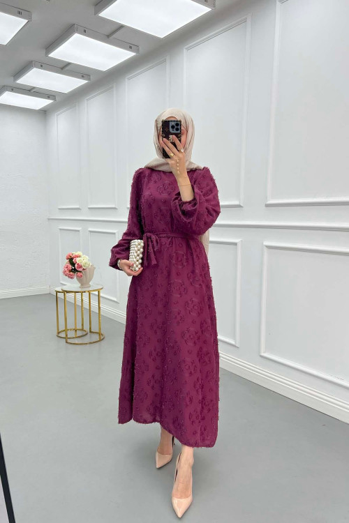 Sare Fashion Glittery Feather Detailed Belted Dress Burgundy