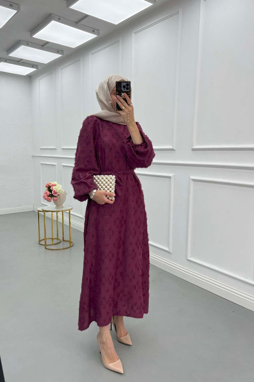 Sare Fashion Glittery Feather Detailed Belted Dress Burgundy