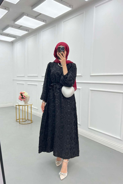 Sare Fashion Glittery Feather Detailed Belted Dress Black